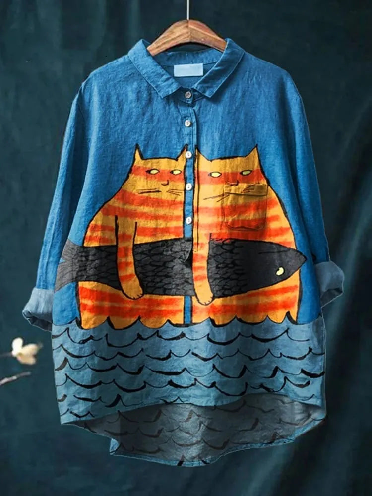 Women's Cat Art Print Casual Cotton And Linen Shirt