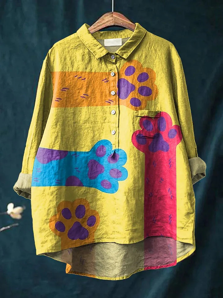 Lovely Cat Paws Graphic Printed Women's Casual Cotton And Linen Shirt