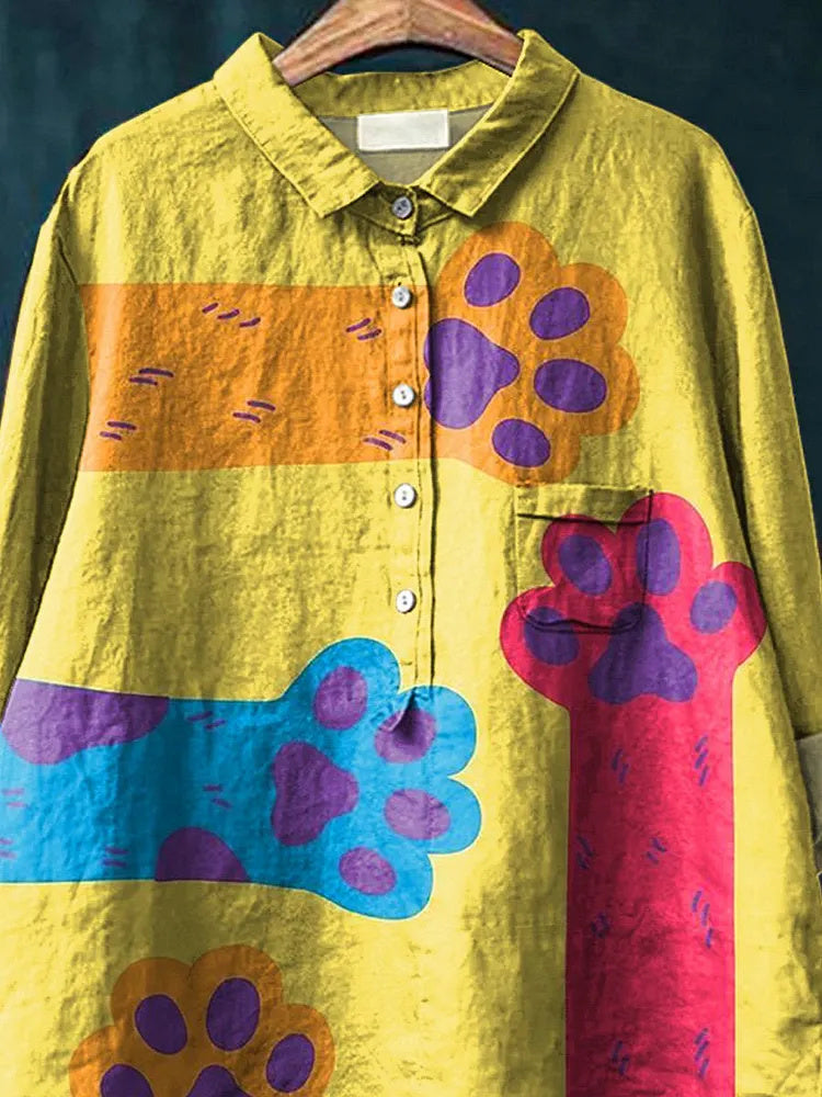 Lovely Cat Paws Graphic Printed Women's Casual Cotton And Linen Shirt