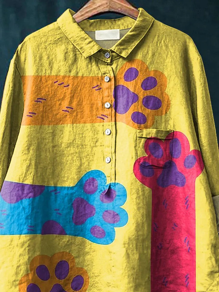 Lovely Cat Paws Graphic Printed Women's Casual Cotton And Linen Shirt