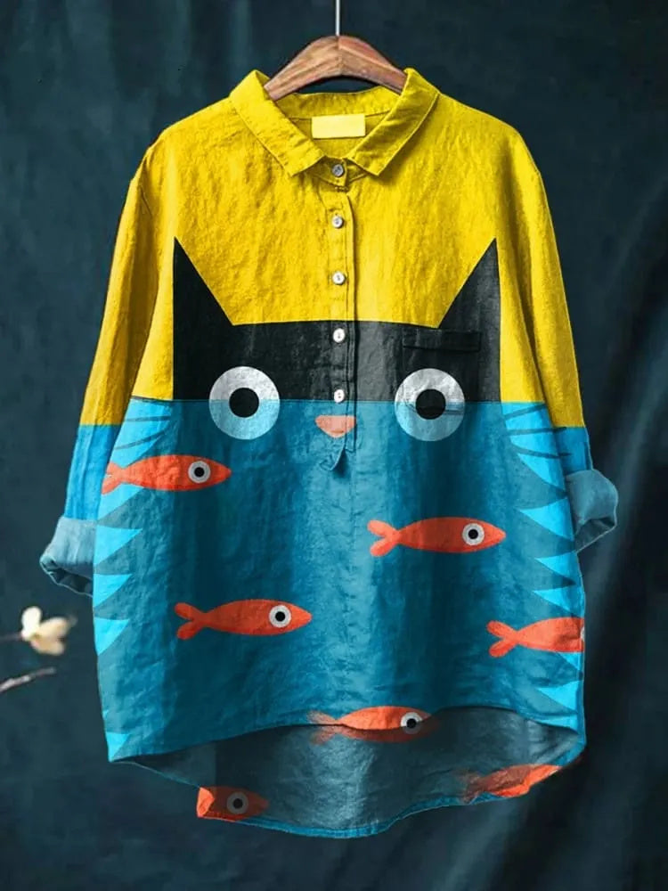Women's Cat Art Print Casual Cotton And Linen Shirt