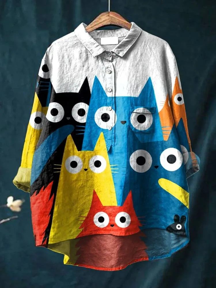 Women's Cat Art Print Casual Cotton And Linen Shirt