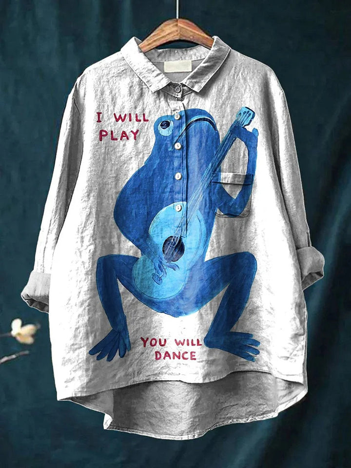 Fun Musician Frog Art Print Women's Casual Cotton Linen Shirt