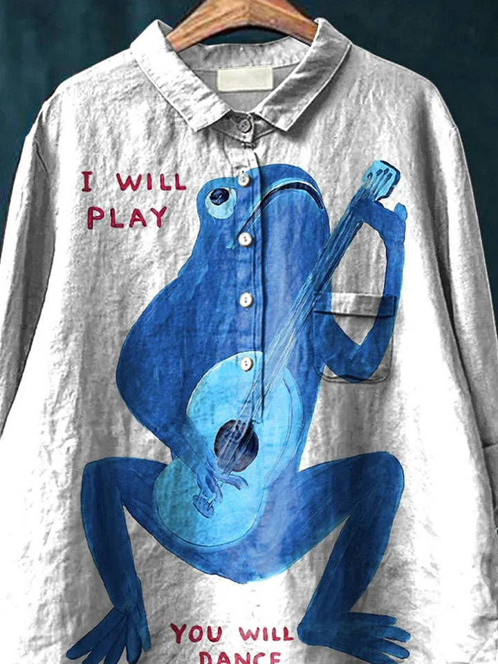 Fun Musician Frog Art Print Women's Casual Cotton Linen Shirt