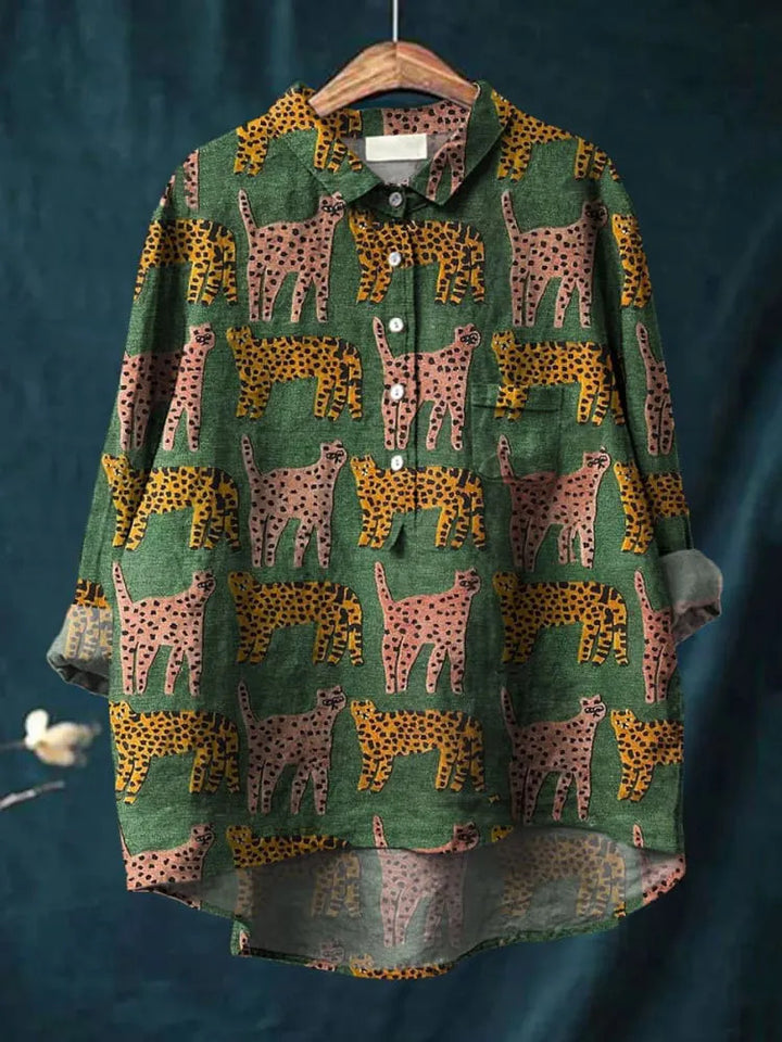 Women's Cute Leopard Art Print Casual Cotton And Linen Shirt