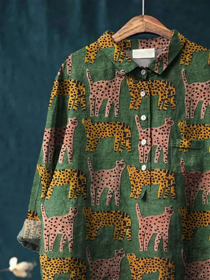 Women's Cute Leopard Art Print Casual Cotton And Linen Shirt