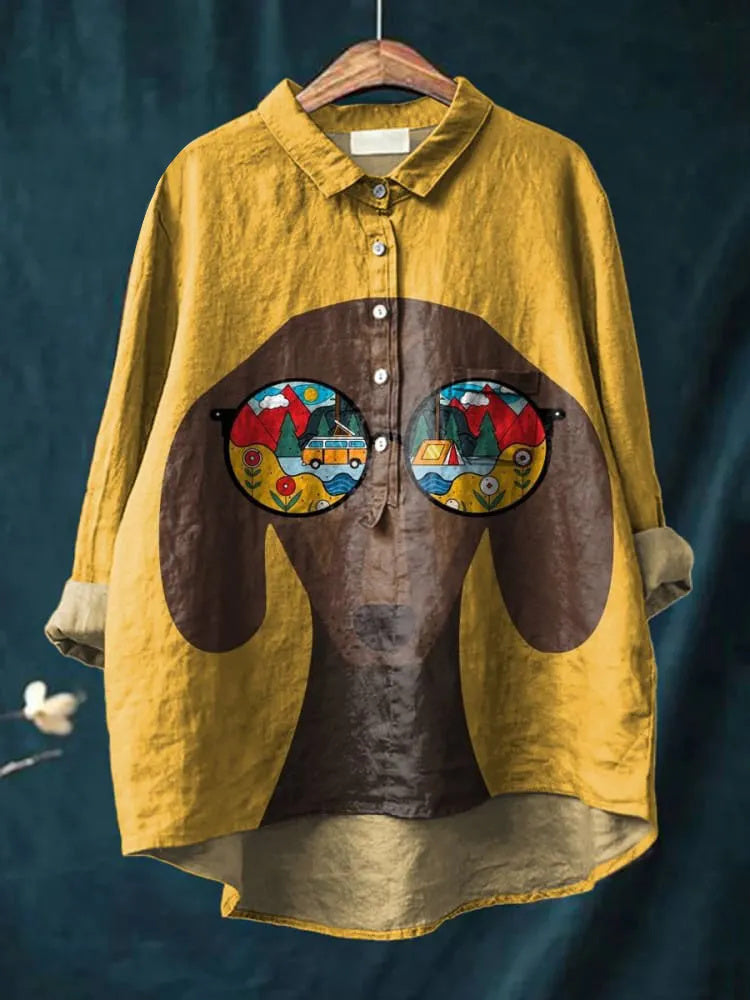 Women's Fun Puppy with Sunglasses Print Casual Cotton And Linen Shirt