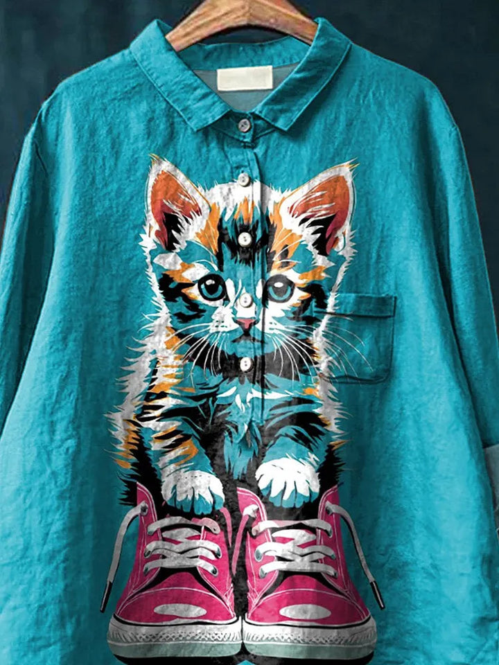 Little Cat In Shoes Graphic Printed Women's Casual Cotton And Linen Shirt