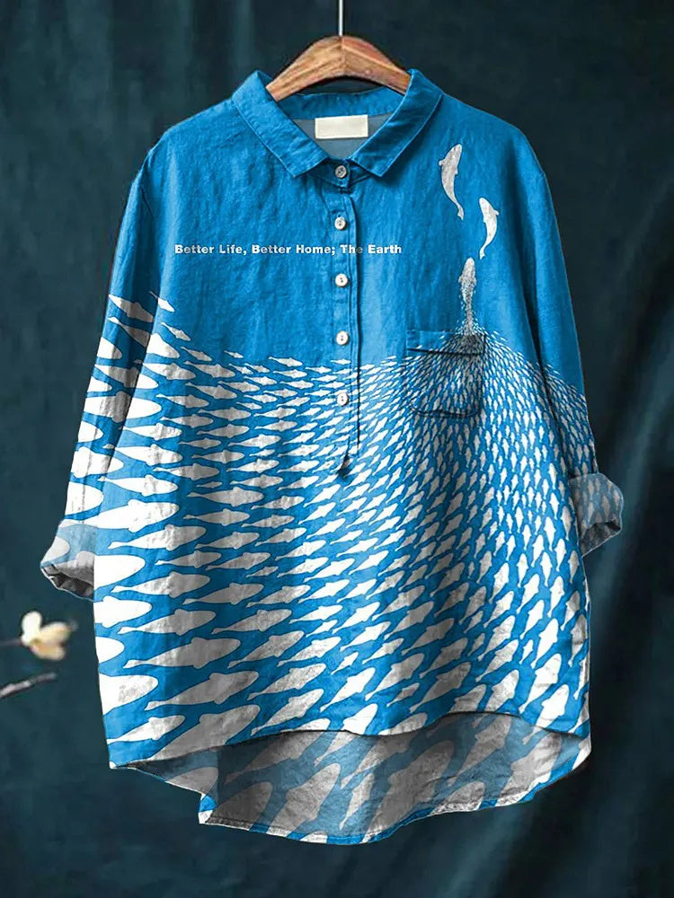 Protect Life On Earth Pattern Printed Women's Casual Cotton And Linen Shirt