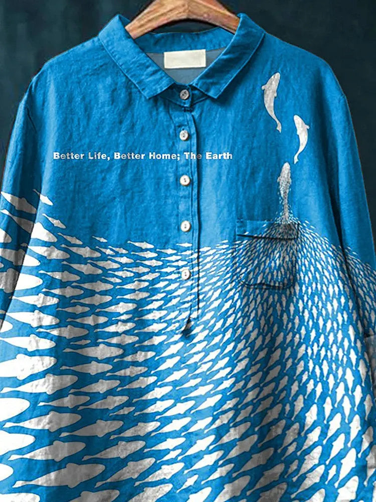 Protect Life On Earth Pattern Printed Women's Casual Cotton And Linen Shirt