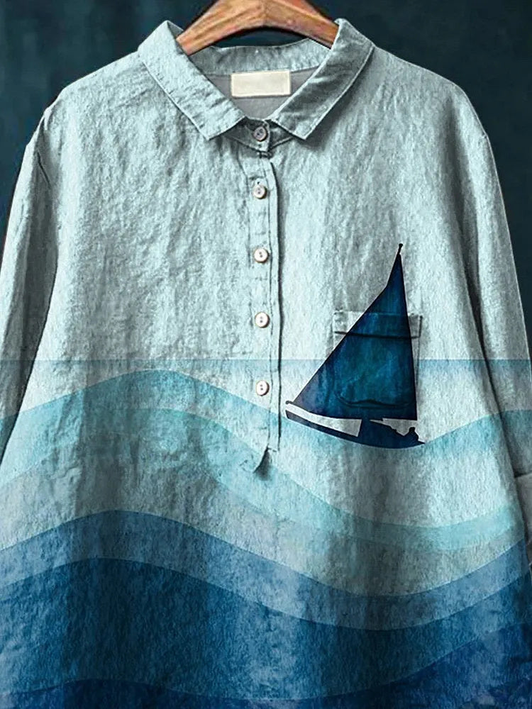 Watercolor Sailing Boat Art Printed Women's Casual Cotton And Linen Shirt