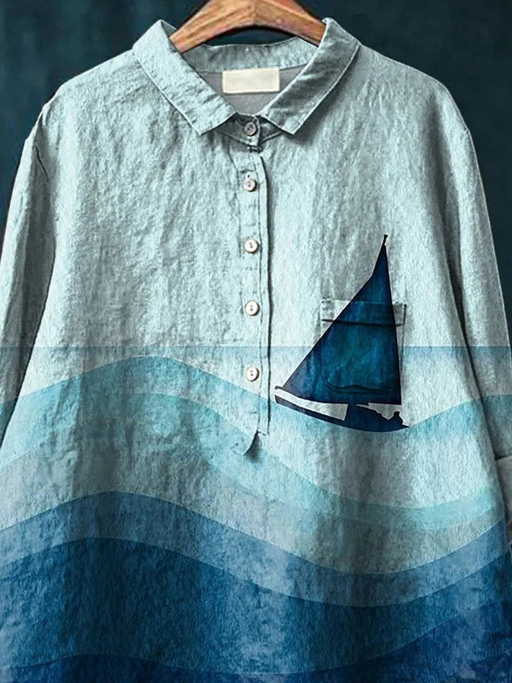 Watercolor Sailing Boat Art Printed Women's Casual Cotton And Linen Shirt