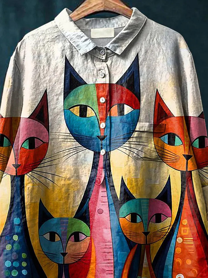 Lovely Cats Art Printed Women's Casual Cotton And Linen Shirt