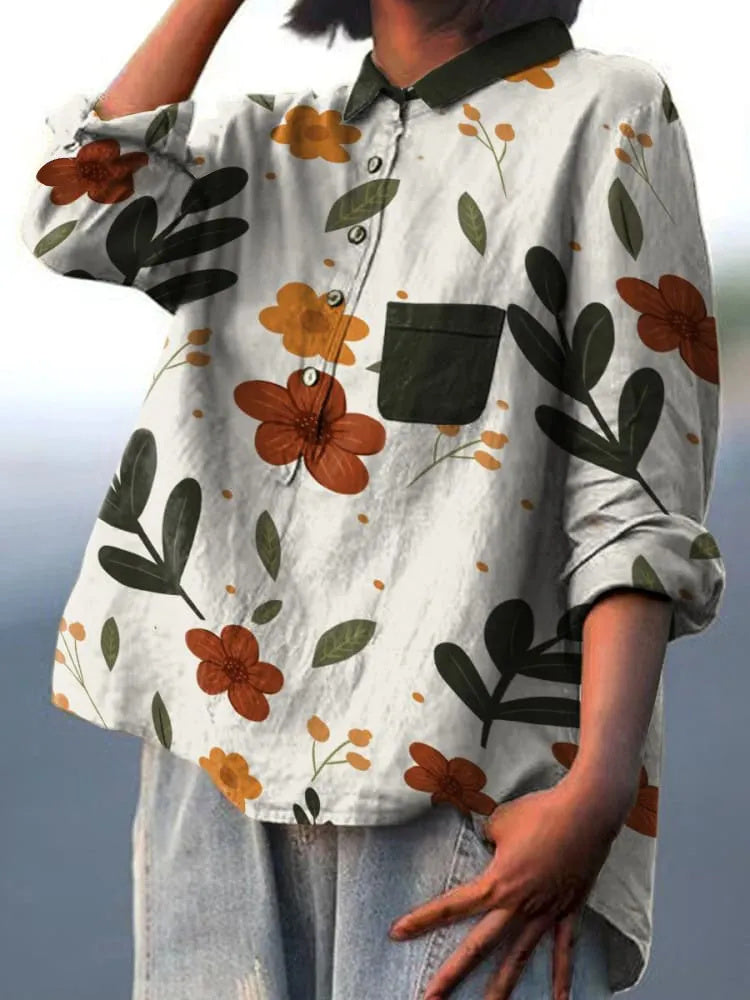 Green Leaf Colorful Flower Decorative Pattern Casual Cotton And Linen Shirt