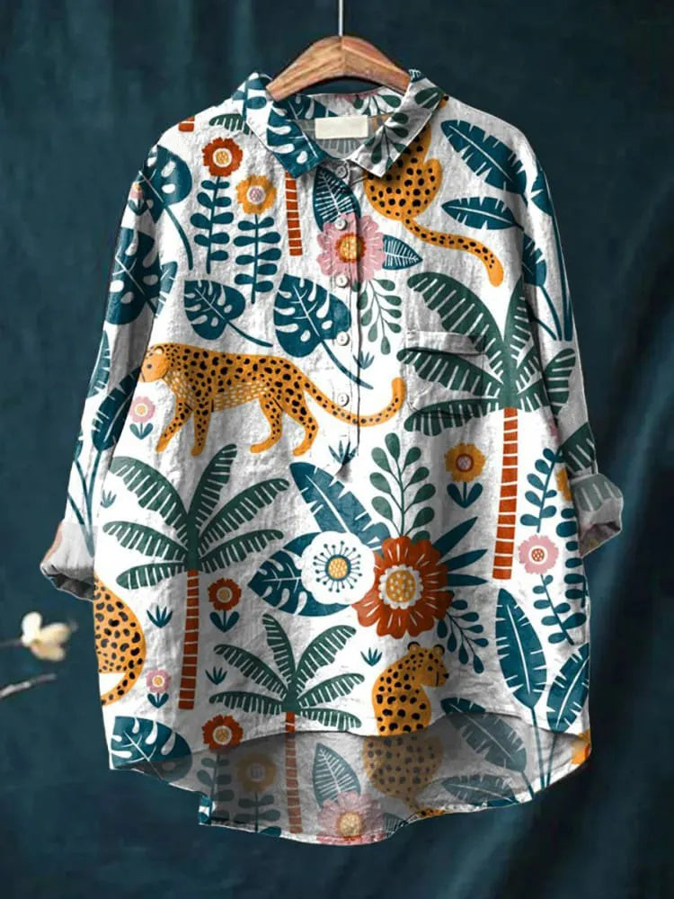 Women's Leopard Print Floral Print Casual Cotton Linen Shirt