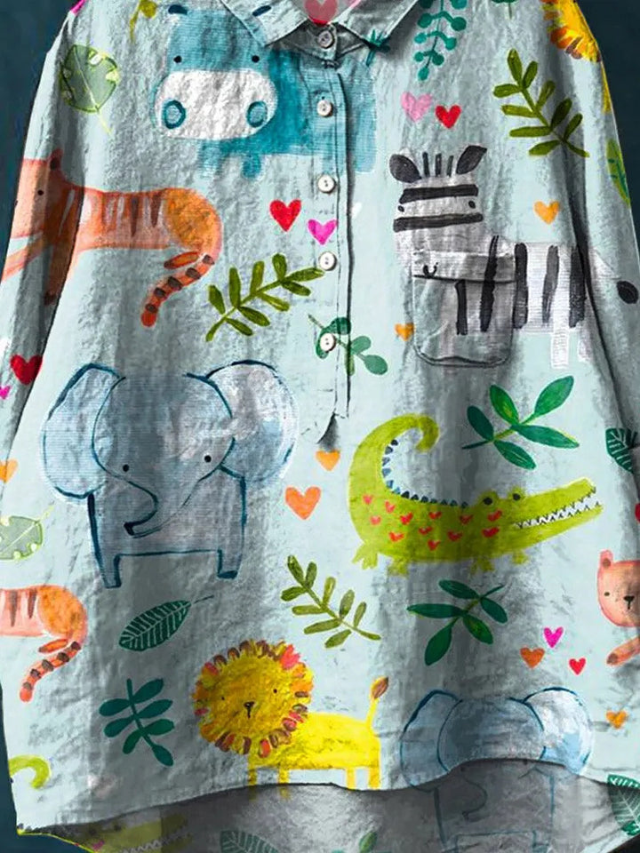 Vintage Lovely Animals Art Print Casual Cotton And Linen Shirt