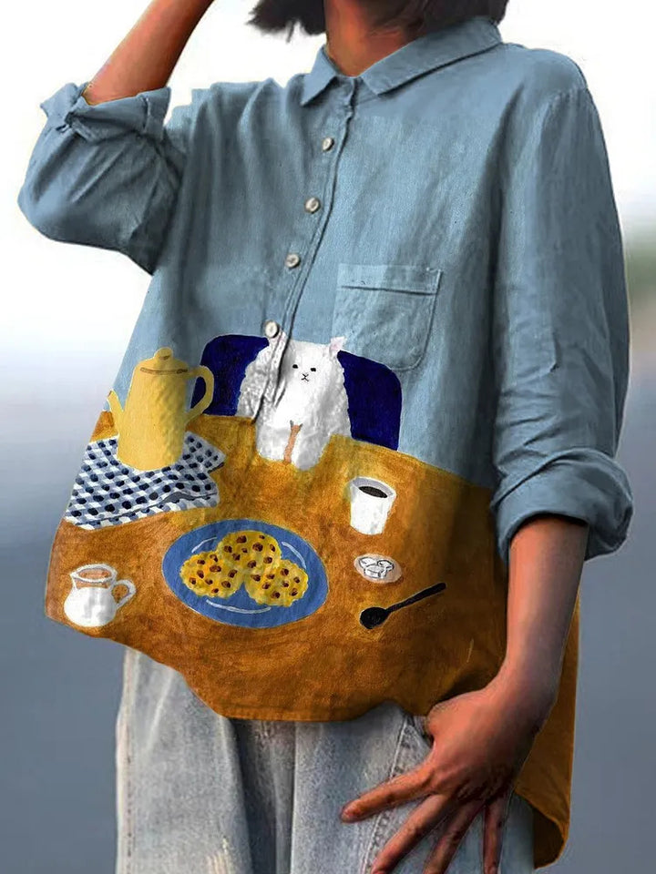 Cute White Cat Sitting At Dining Table Decorative Pattern Casual Cotton And Linen Shirt