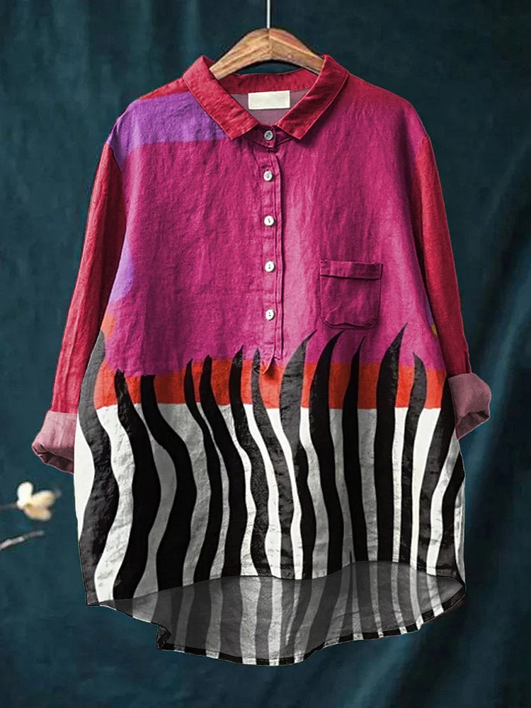 Women's pinkish-purple abstract print art casual cotton and linen shirt