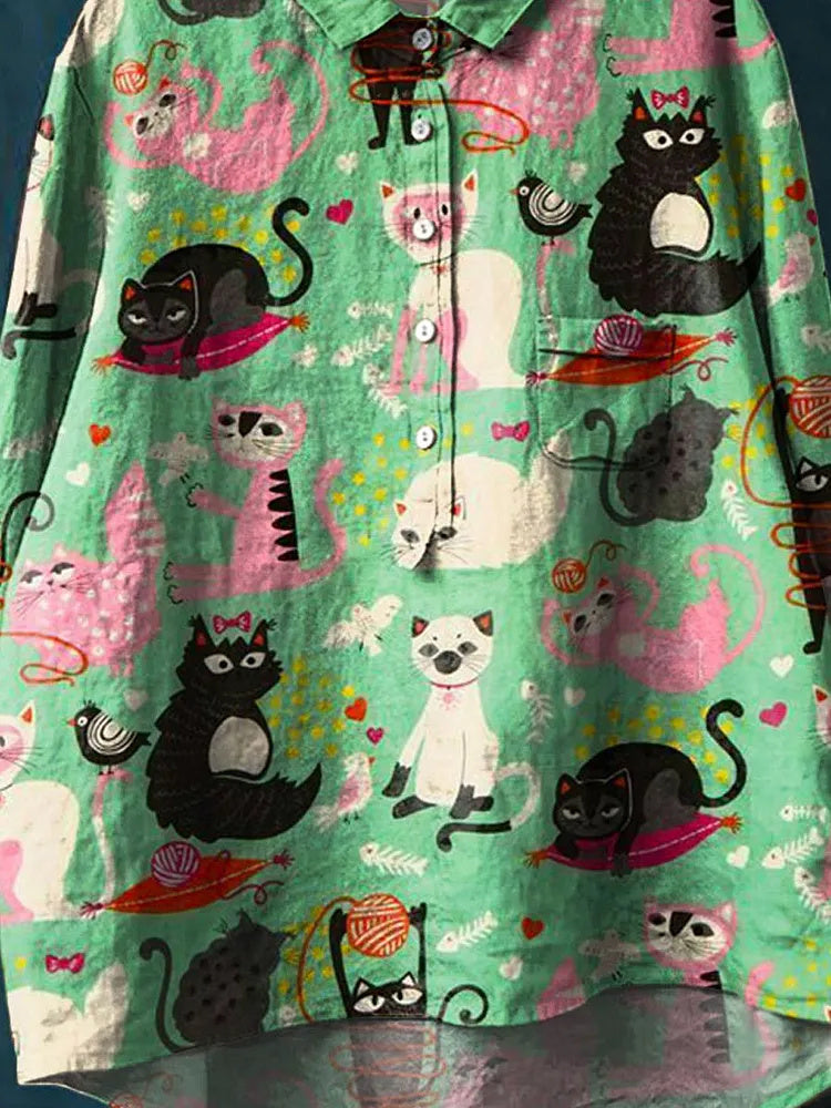 Vintage Lovely Cats Art Print Casual Cotton And Linen Shirt