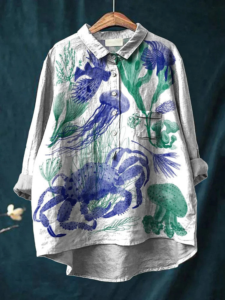 Watercolor marine life and plant decorative pattern casual cotton and linen shirt
