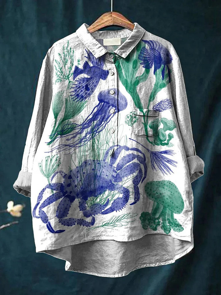 Watercolor marine life and plant decorative pattern casual cotton and linen shirt