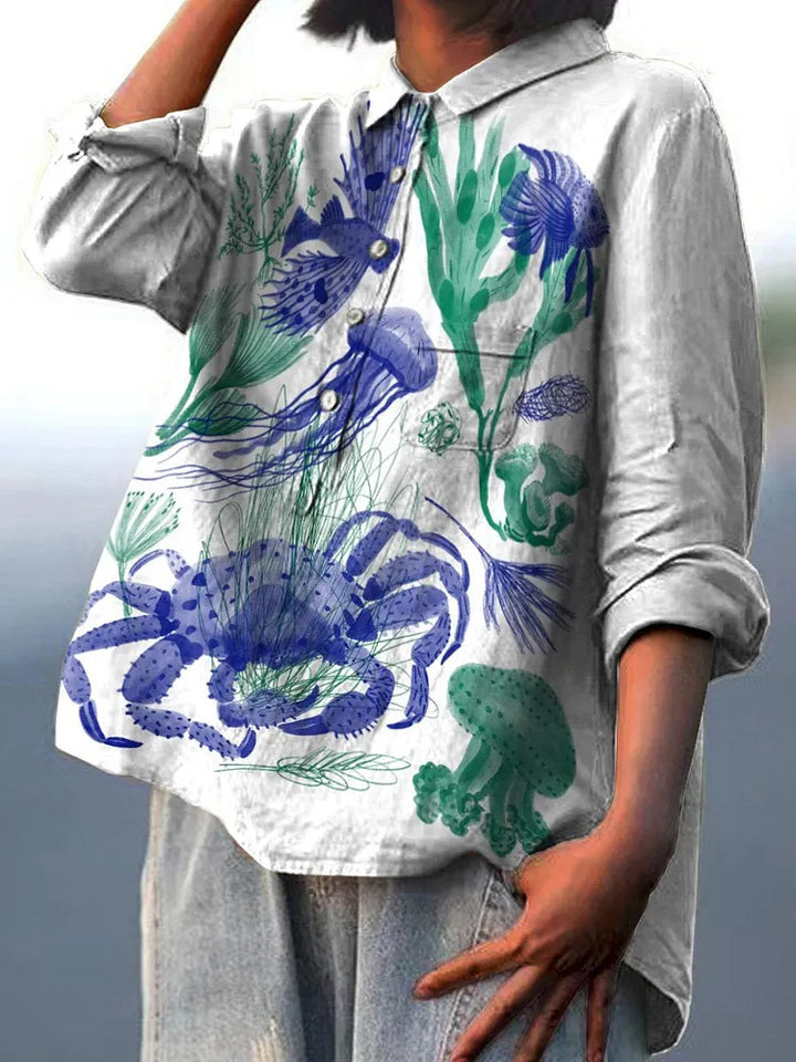 Watercolor marine life and plant decorative pattern casual cotton and linen shirt