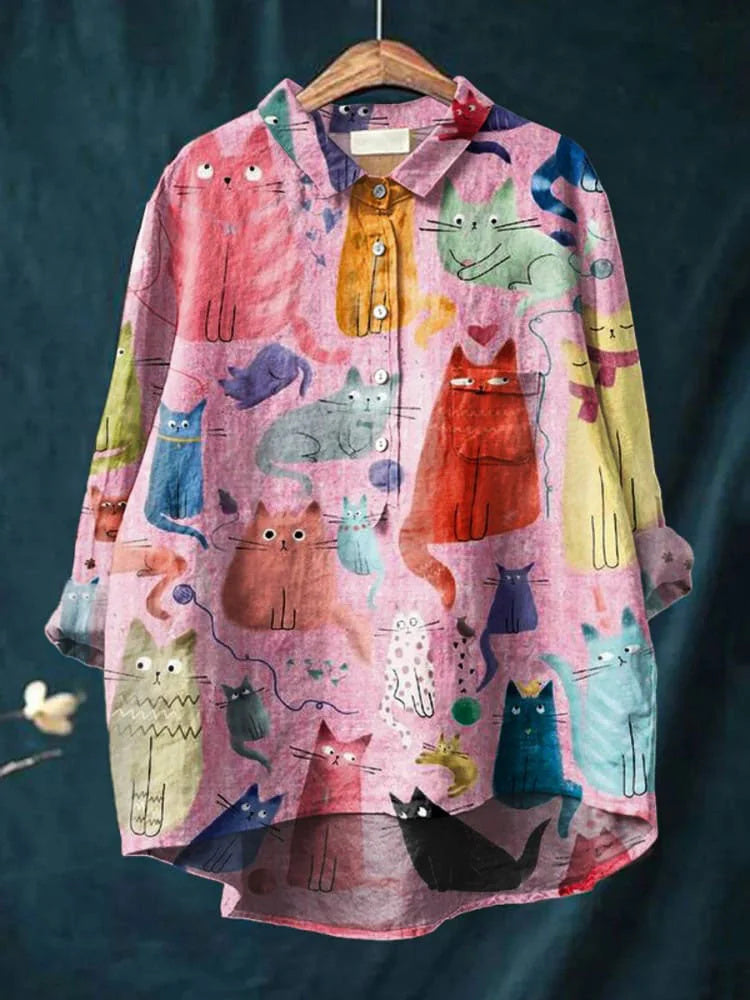 Women's Cat Art Print Casual Cotton And Linen Shirt