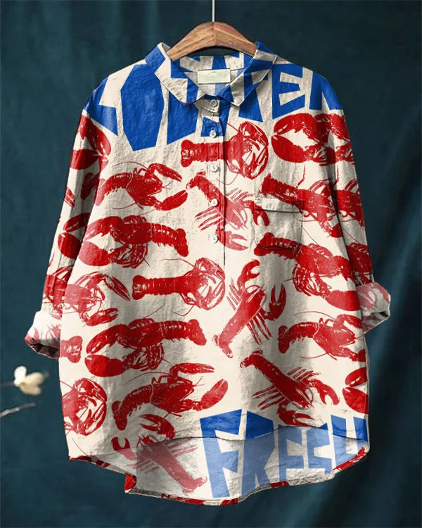 Fresh Lobster Artistic Casual Cotton Linen Shirt