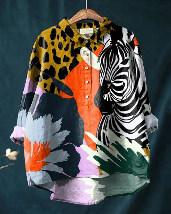 Retro leopard print and zebra print linen casual shirt
