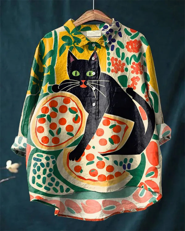 Cute Black Cat Art Cotton and Linen Casual Shirt