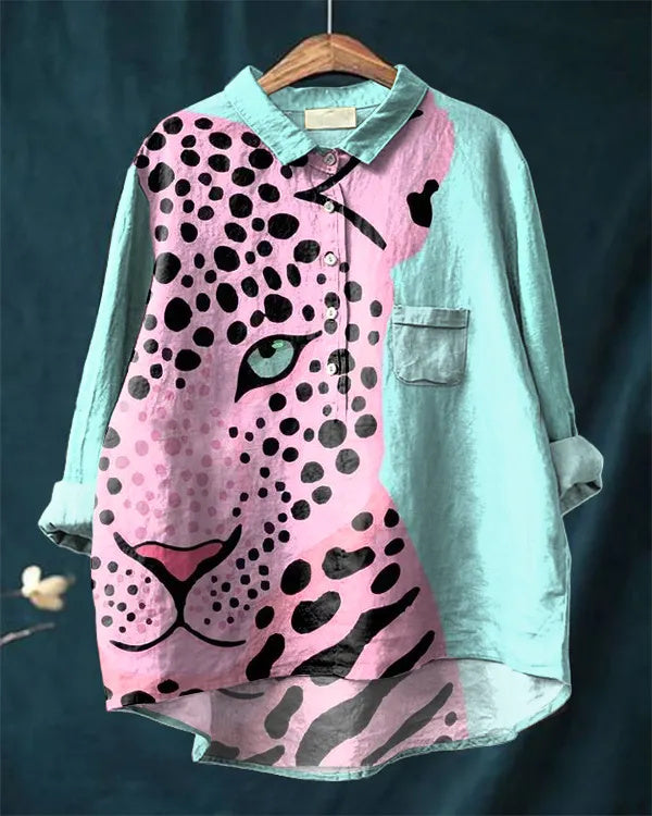 Vintage Leopard Cotton and Linen Casual Shirt