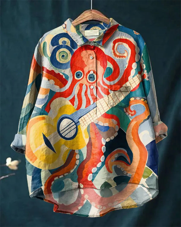 Japanese Octopus Music Art Cotton and Linen Casual Shirt