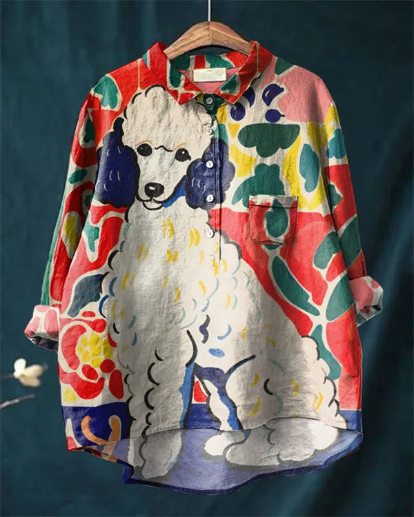 Cute Poodle Pattern Cotton Linen Casual Shirt
