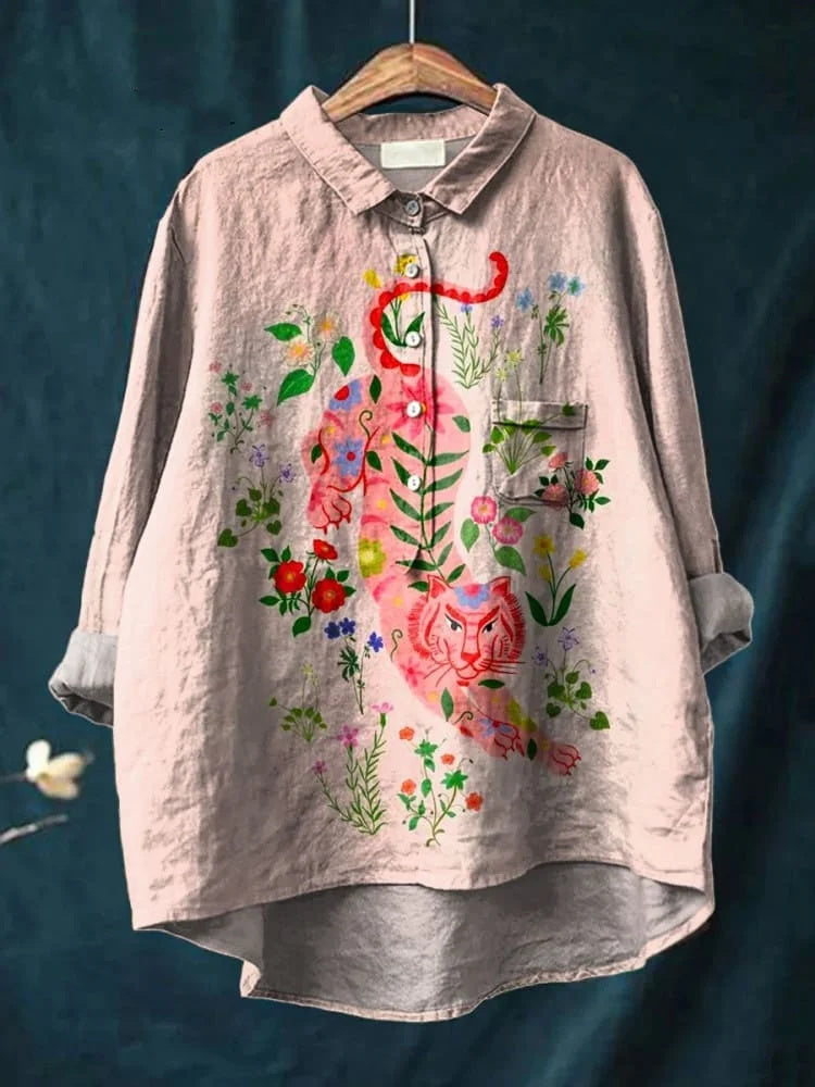 Retro cute floral tiger art print casual cotton and linen shirt