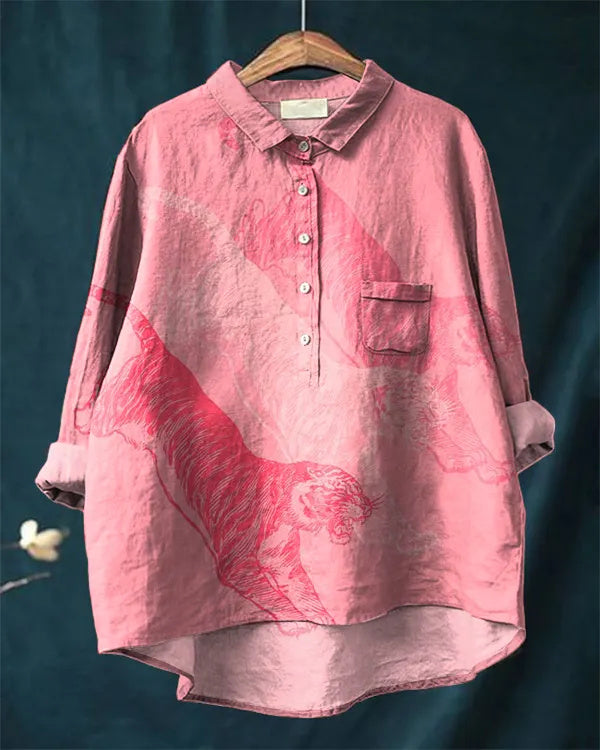 Pink Running Leopard Cotton and Linen Casual Shirt