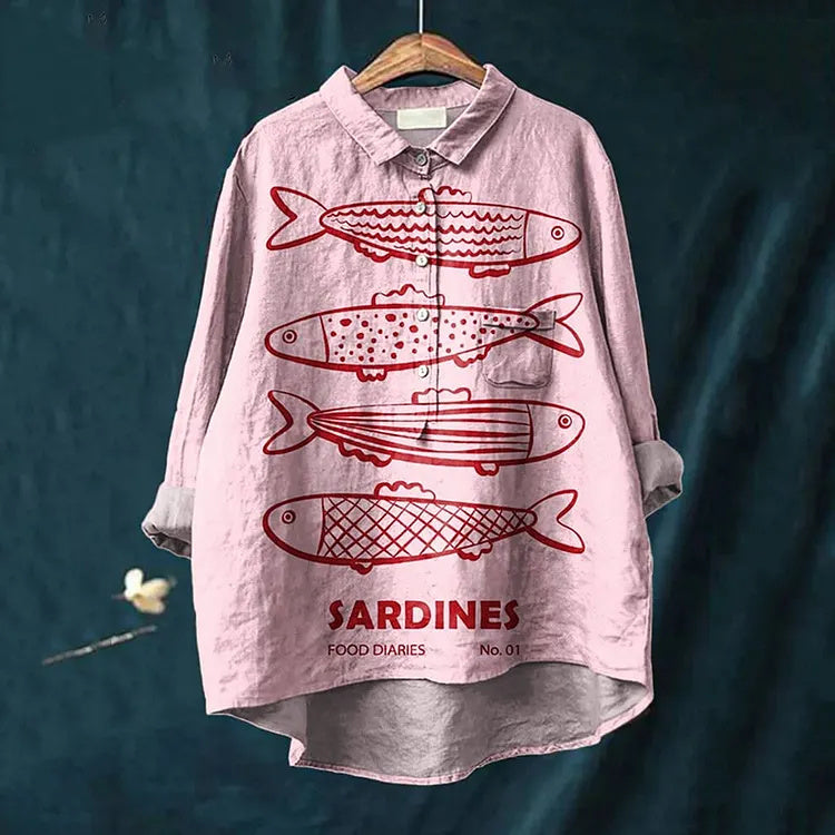 Cute Pink Sardine Print Casual Cotton Linen Shirt for Women