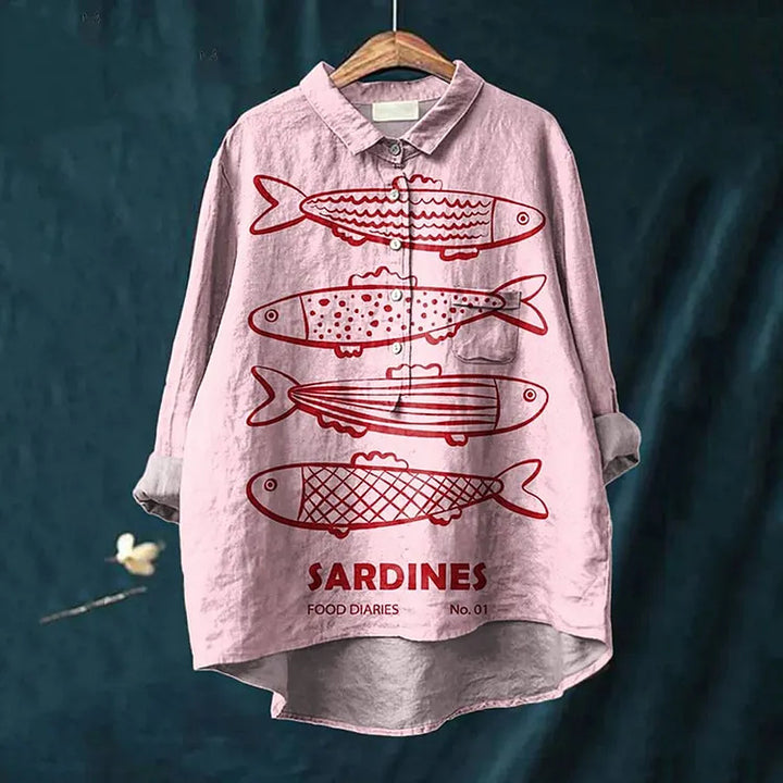 Cute Pink Sardine Print Casual Cotton Linen Shirt for Women