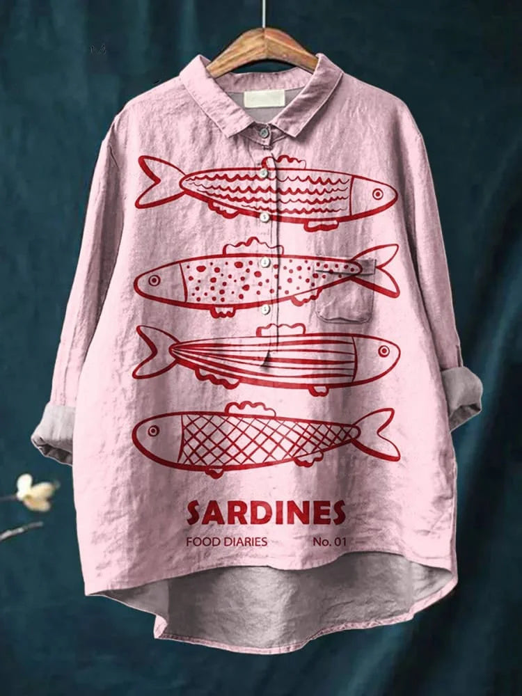 Cute Pink Sardine Print Casual Cotton Linen Shirt for Women