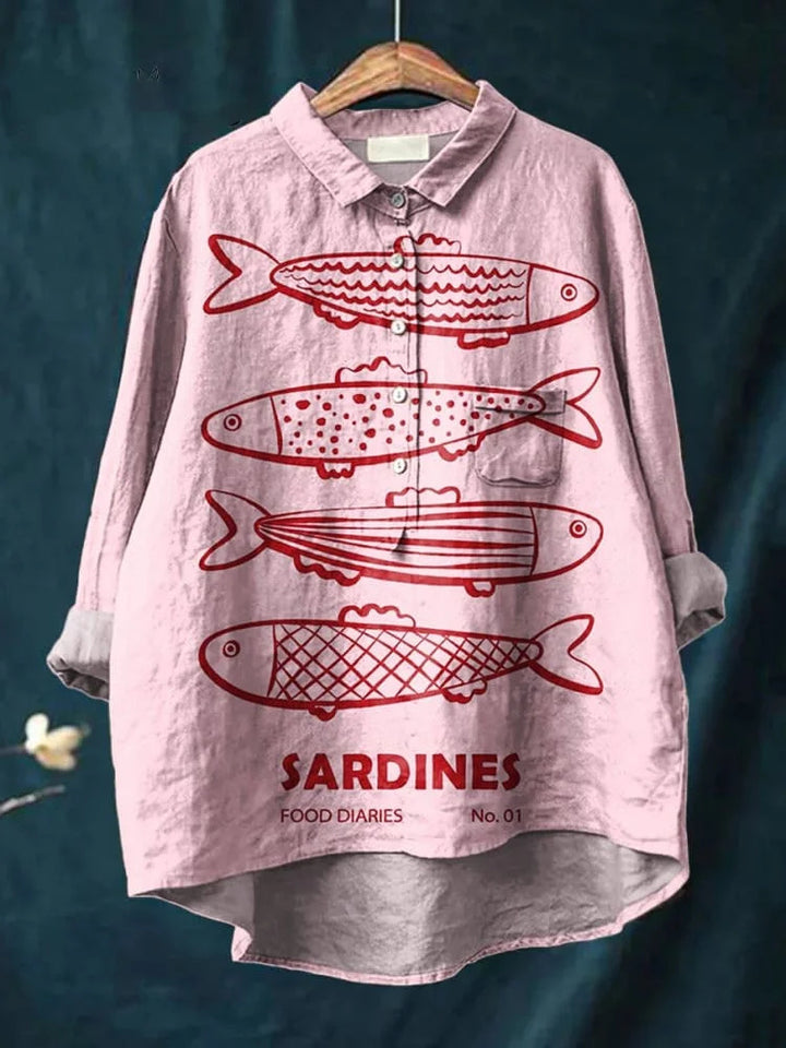Cute Pink Sardine Print Casual Cotton Linen Shirt for Women