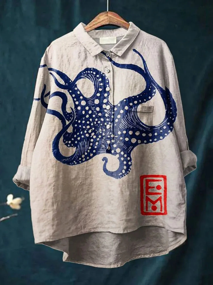 Women's Octopus Art Print Casual Cotton And Linen Shirt