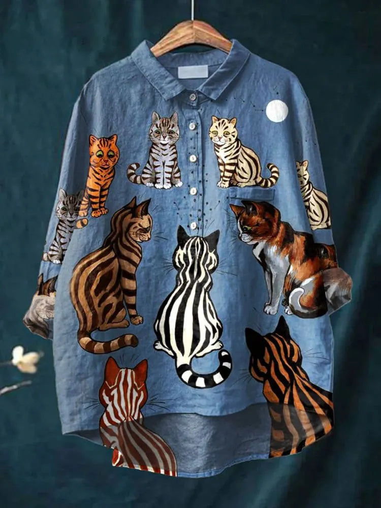 Women's Cat Art Print Casual Cotton And Linen Shirt
