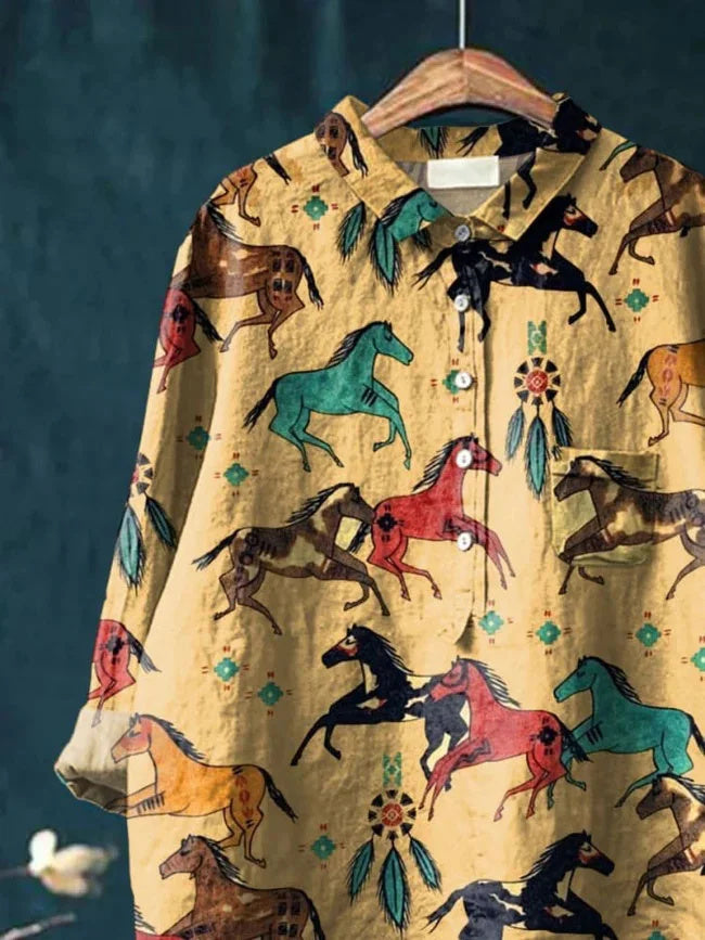 Horse Art Printed Women's Casual Cotton And Linen Shirt