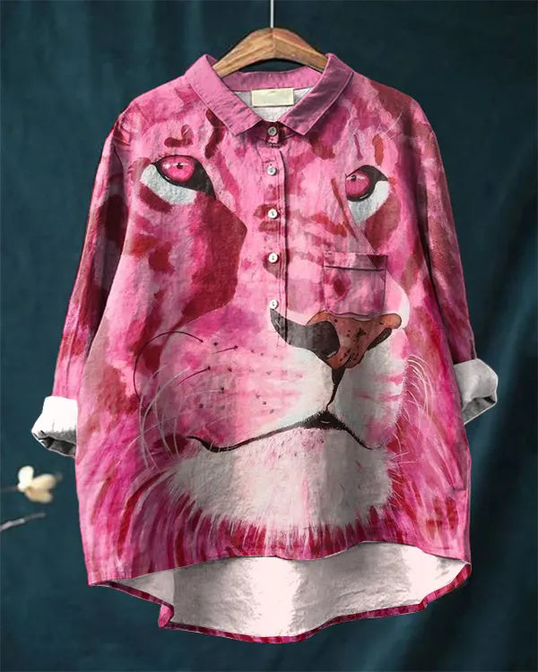 Retro pink lion cotton linen casual shirt
