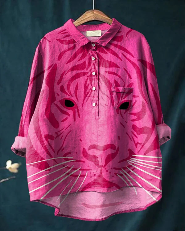 Pink Tiger Pattern Cotton Linen Casual Shirt