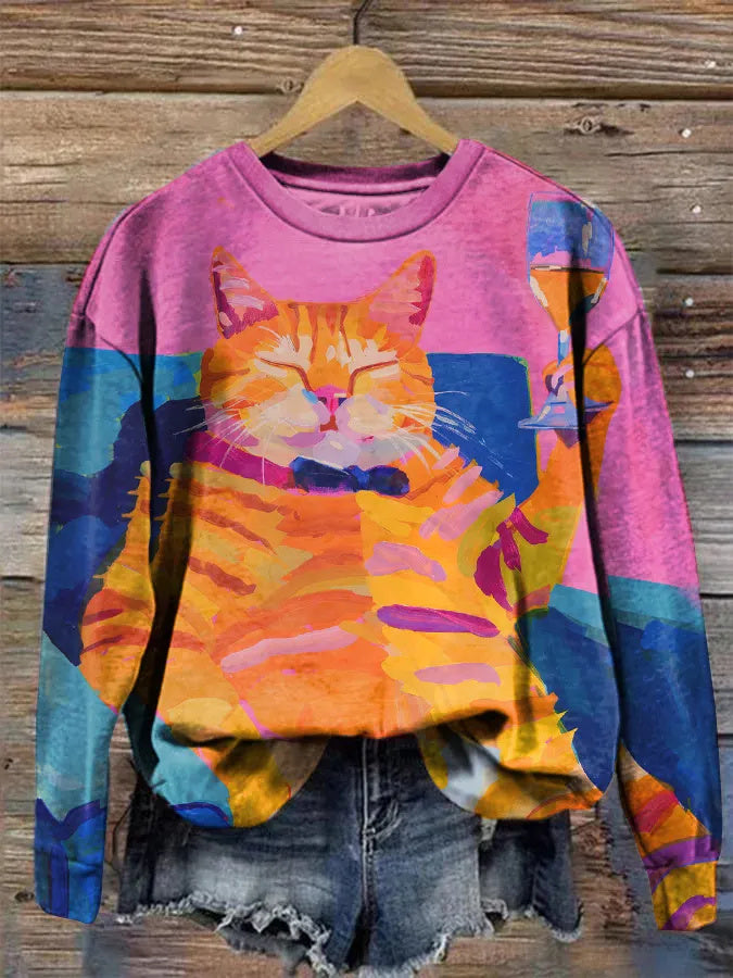 Elegant Cat-themed Casual Crew Neck Sweatshirt