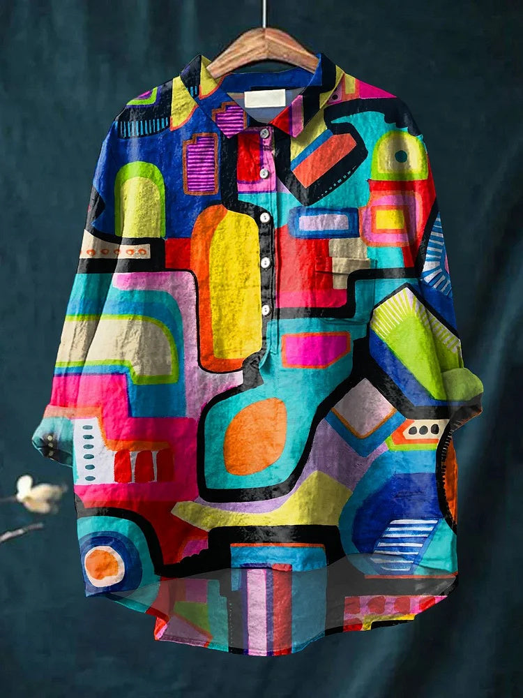 Women's Abstract Art Print Casual Cotton Linen Shirt