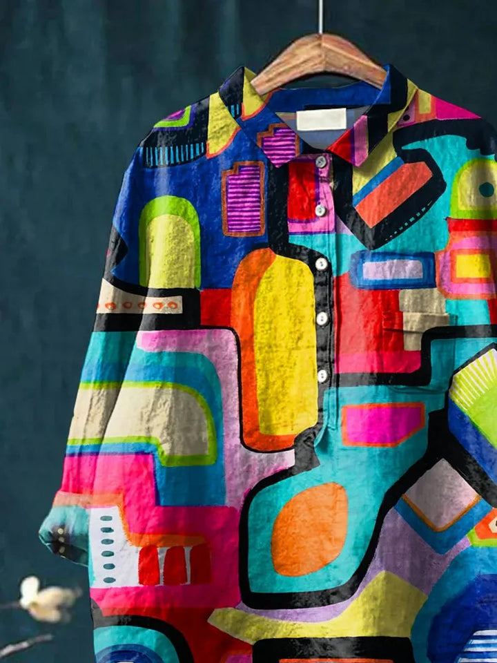 Women's Abstract Art Print Casual Cotton Linen Shirt