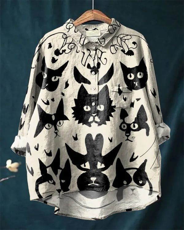 Black Cat Art Cotton Linen Casual Shirt