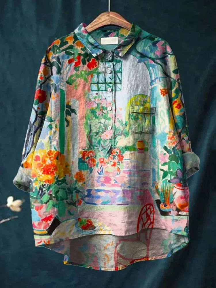 Retro-style indoor landscape print casual cotton and linen shirt