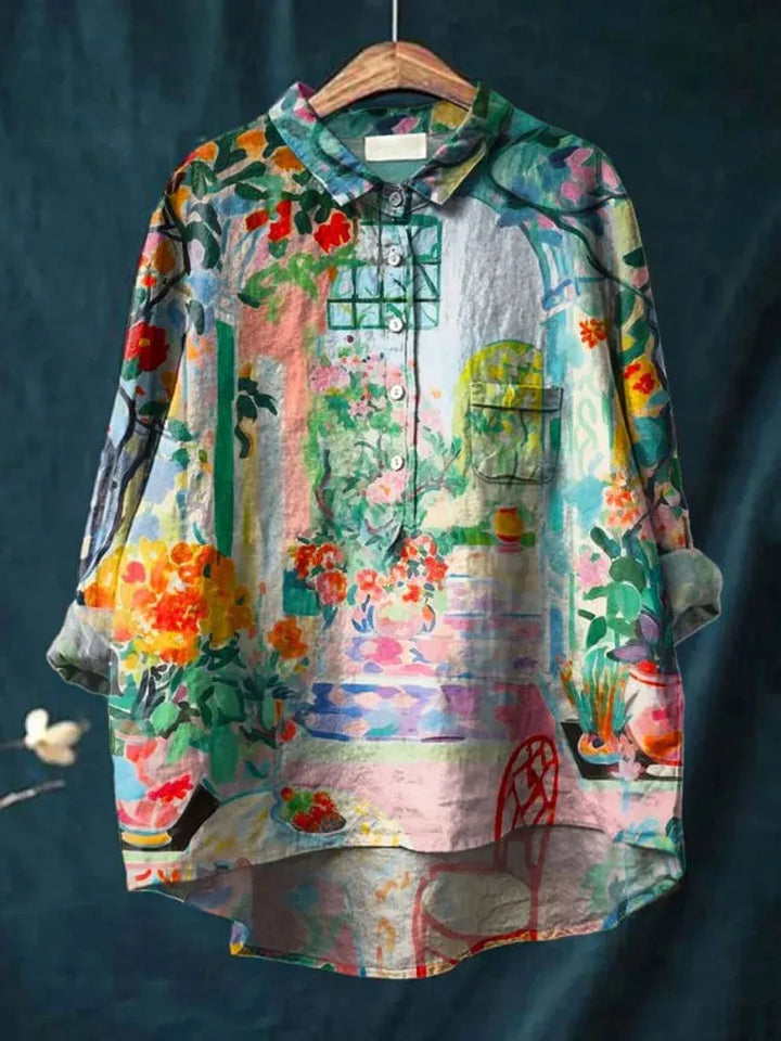 Retro-style indoor landscape print casual cotton and linen shirt